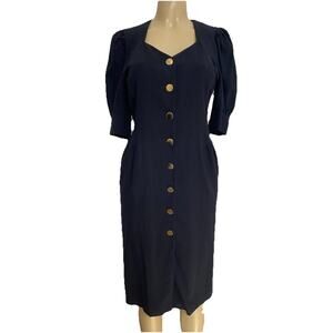 Escada Sheath Shirt Dress Short Sleeve Wool Gold Button Down Black 40 10 Vintage